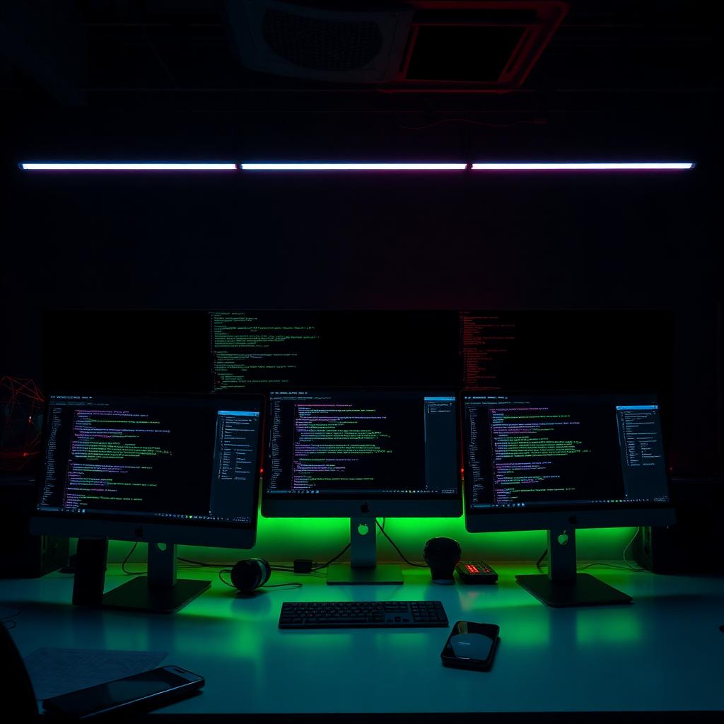Modern web development workspace with multiple monitors displaying code