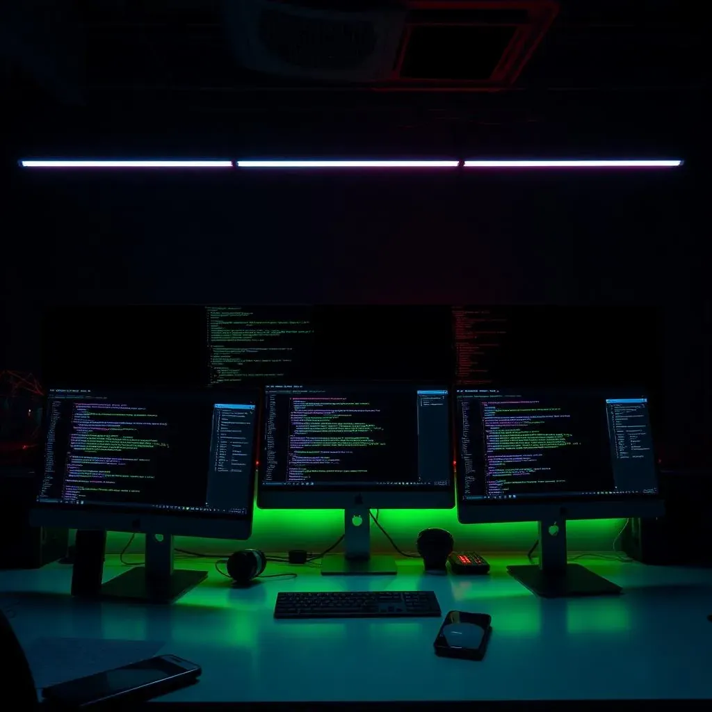 Modern web development workspace with multiple monitors displaying code