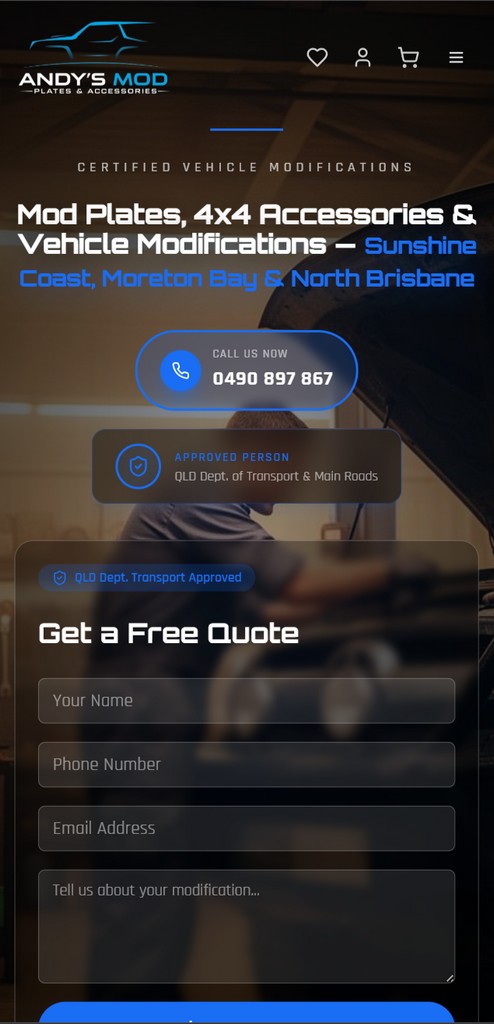 Andy's Mod Plates & Accessories — Web Design project for Tradies - Mobile view