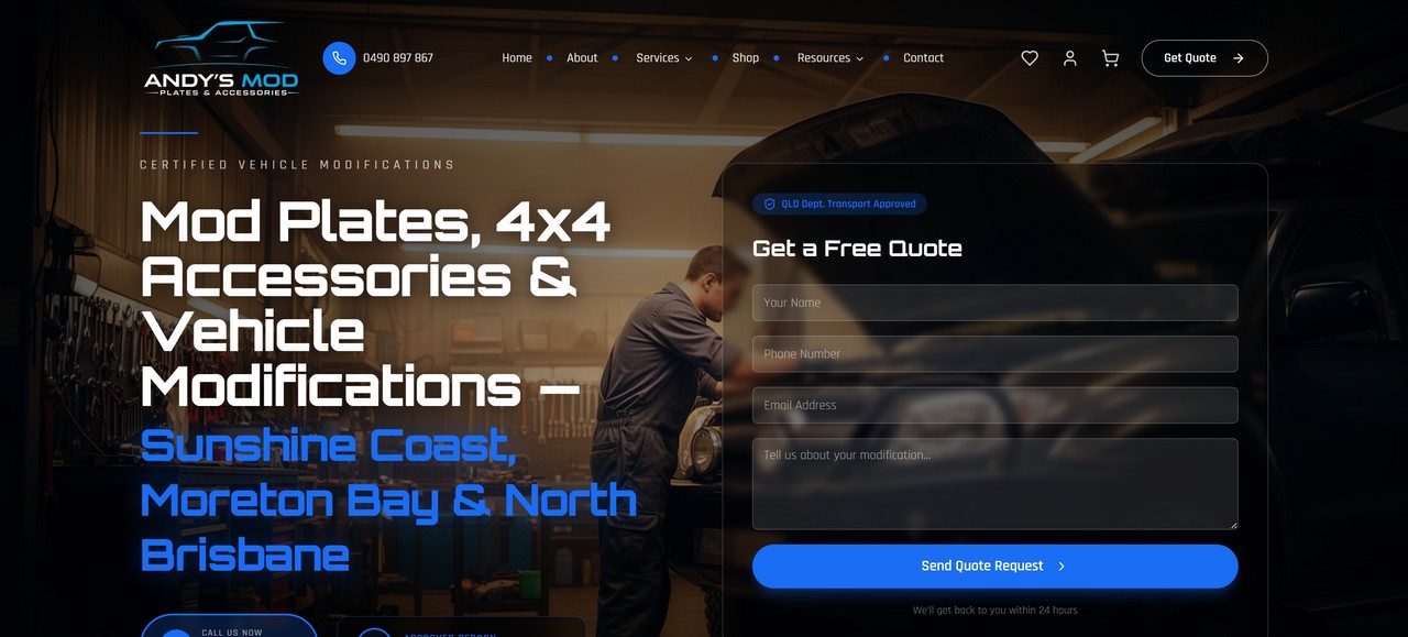 Andy's Mod Plates & Accessories — Web Design project for Tradies - Desktop view