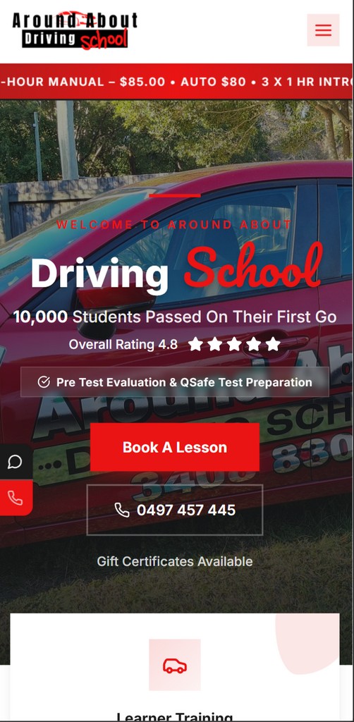 Around About Driving School — Web Design project by Custom Web Creations - Mobile view