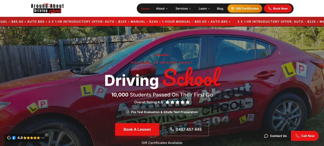 Around About Driving School website - Desktop view