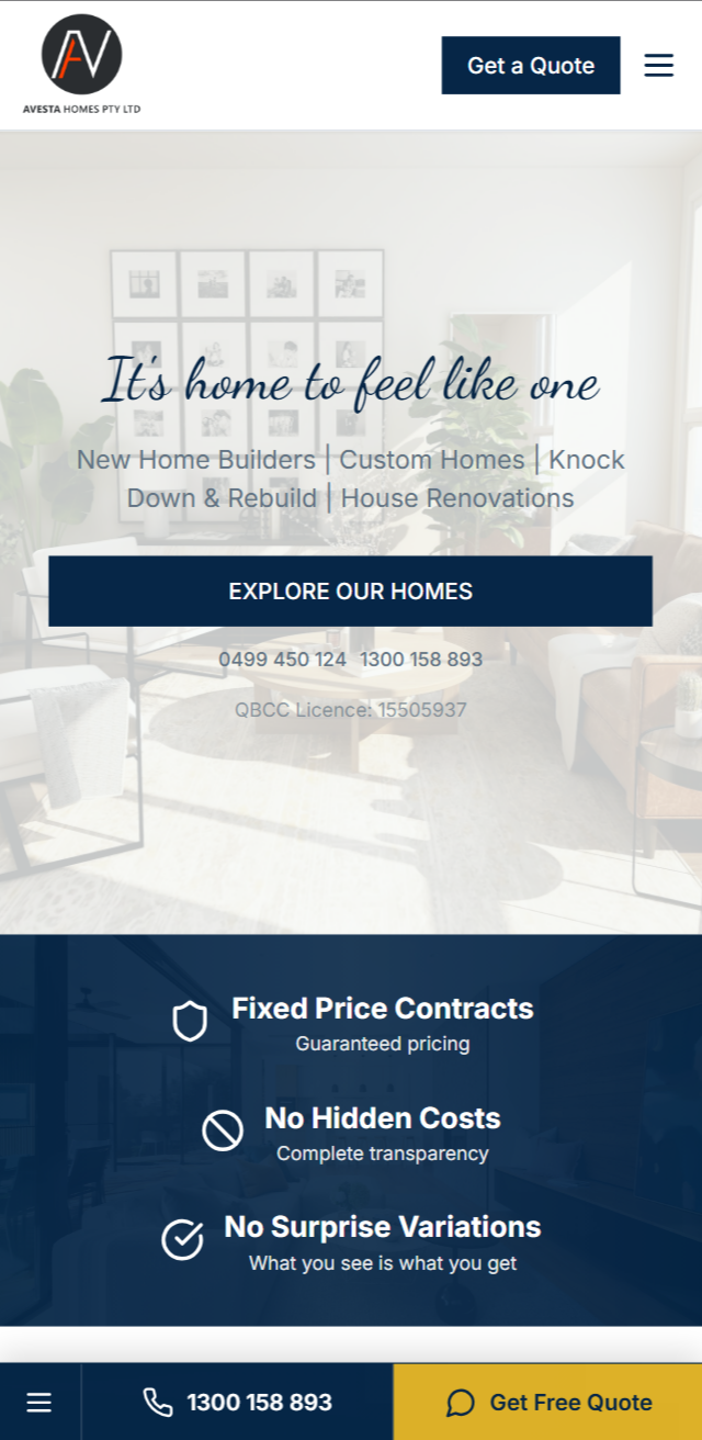 Avesta Homes website mockup - Mobile view