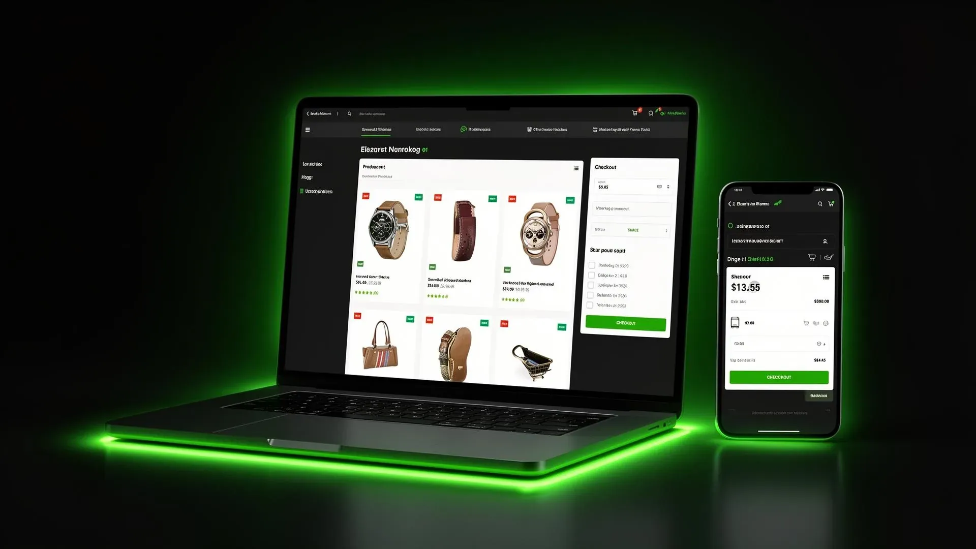 E-commerce website development showing online store interface with product catalog and mobile shopping cart on laptop and smartphone