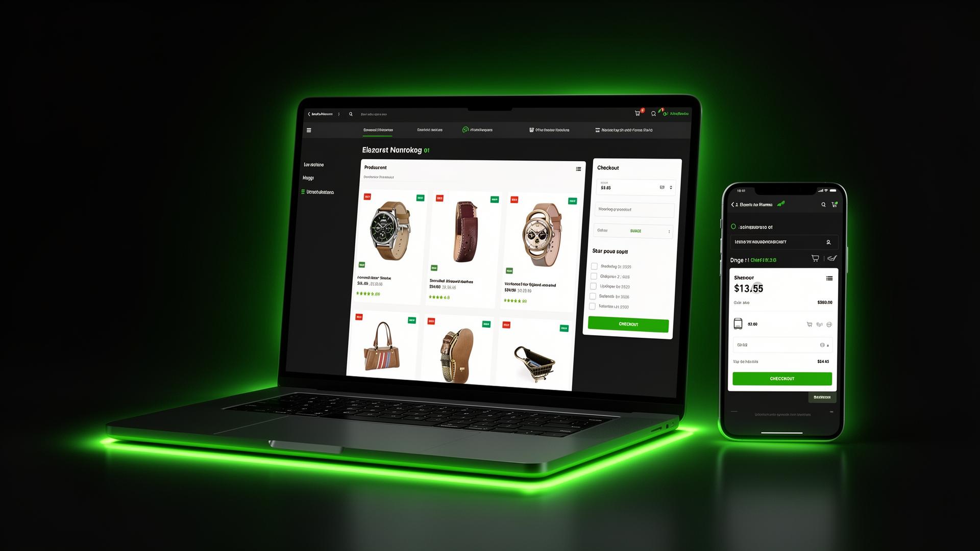 E-commerce website development showing online store interface with product catalog and mobile shopping cart on laptop and smartphone