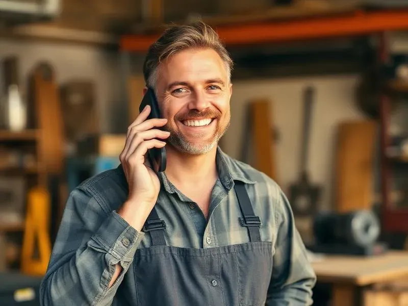Friendly tradesman smiling while talking on the phone in his workshop