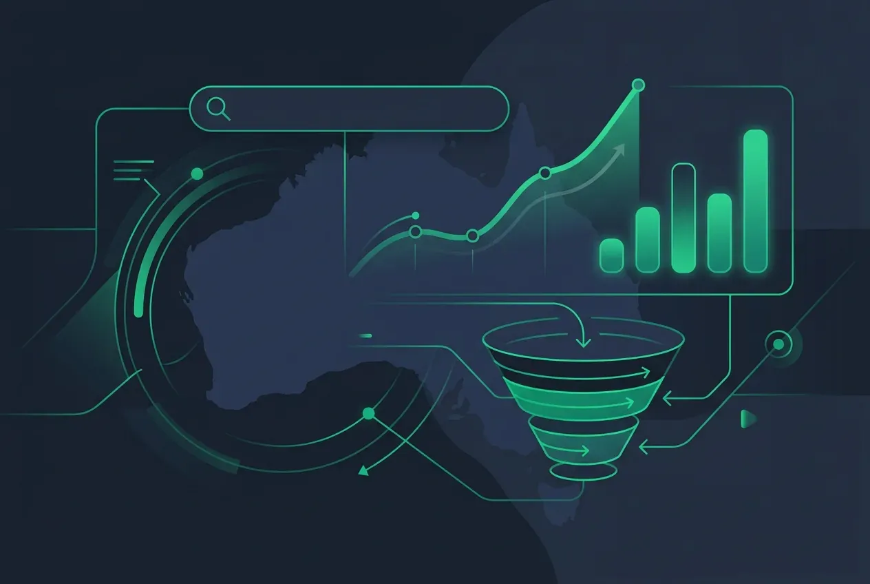 Google Ads management dashboard for Australian businesses showing search ads, conversion funnel and rising click-through chart