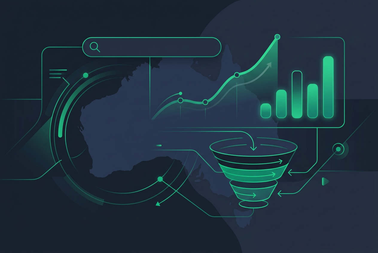 Google Ads management dashboard for Australian businesses showing search ads, conversion funnel and rising click-through chart