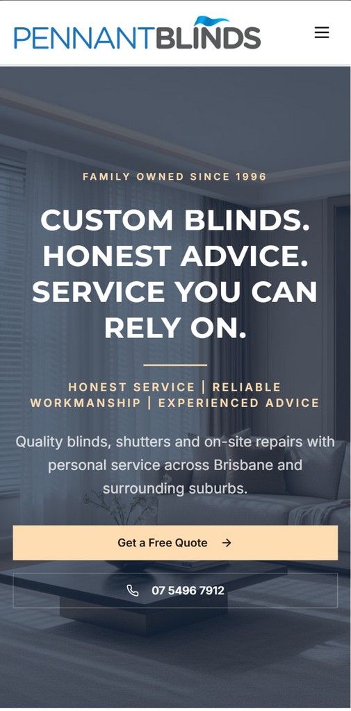 Pennant Blinds website mockup - Mobile view
