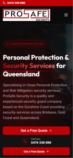ProSafe Security website mockup - Mobile view