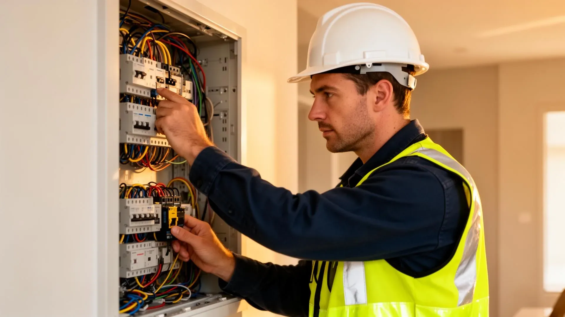 Professional electrician working on electrical panel