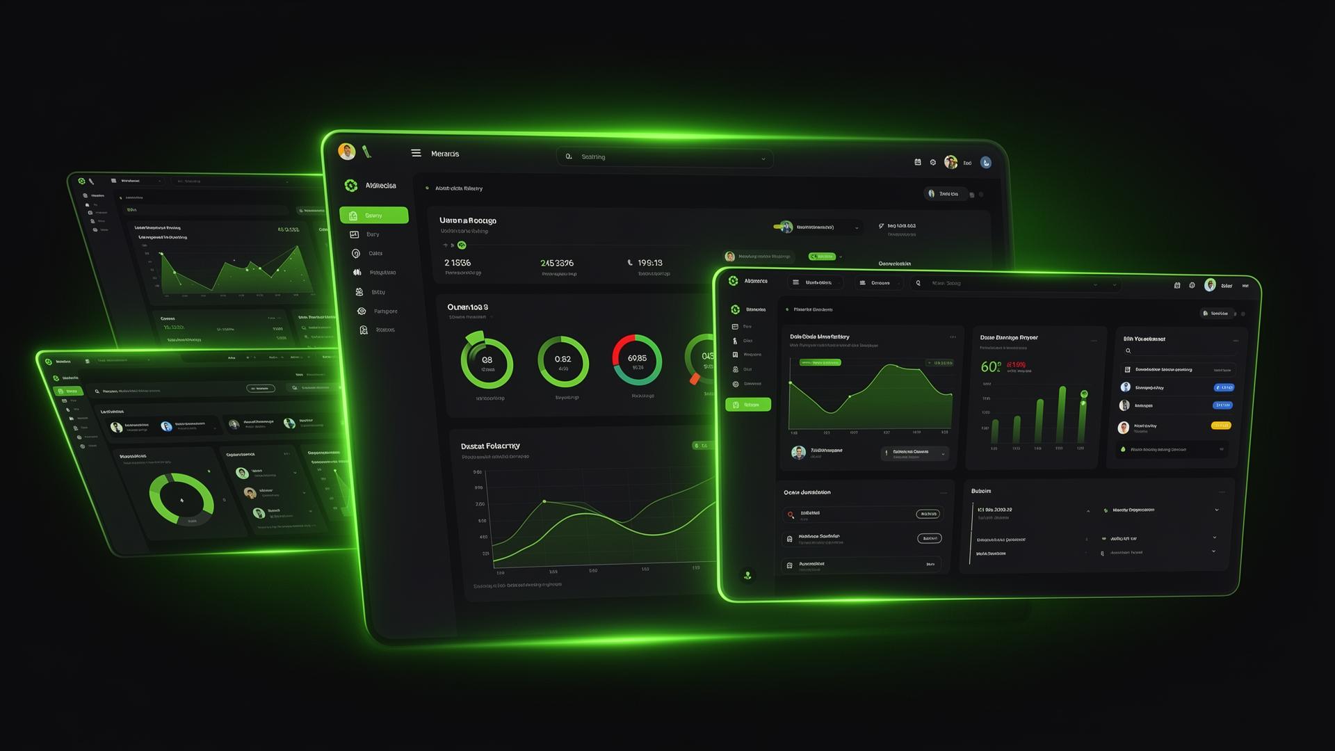 Custom web application development showing business dashboards with analytics, data visualization, and management interfaces
