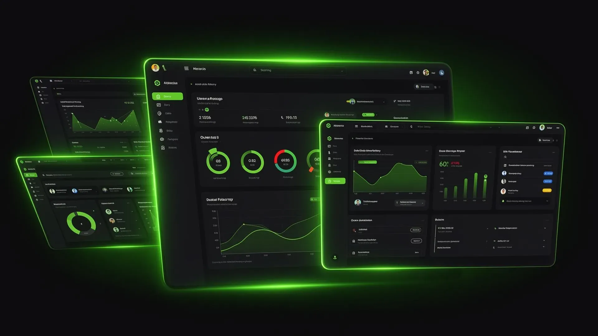 Custom web application development showing business dashboards with analytics, data visualization, and management interfaces